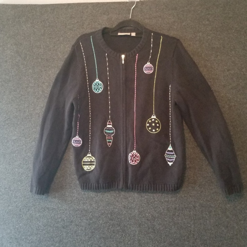 Croft & Barrow Women's Med Embroidered Christmas Ornaments Full Zipper Sweater